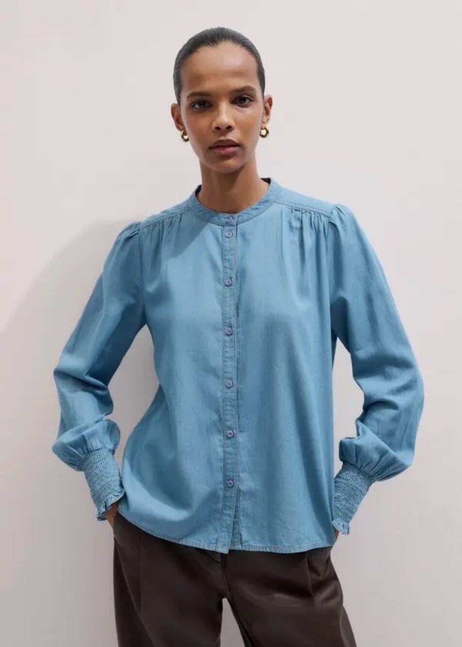 ME+EM Chambray Straight Button Up Blouse - Blue - 4